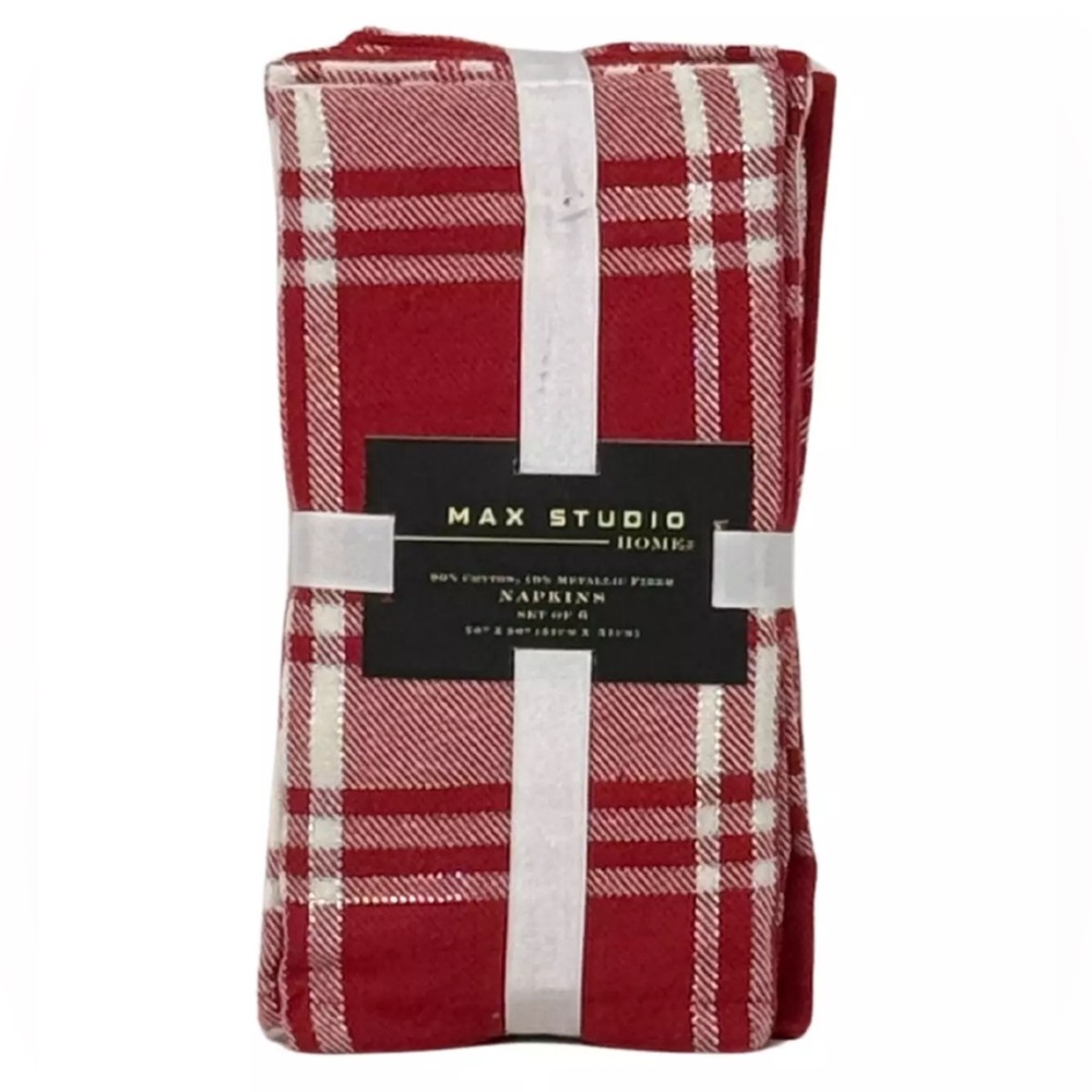 MAX STUDIO Set of 6 20" x 20" Christmas Holiday Red White & Silver Plaid Napkins